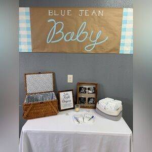 Blue Jean Baby Gingham Hand Painted Blue and White Baby Shower Banner/Sign